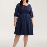 BloomChic Neck Tie Lantern Sleeve Shirred Midi Dress