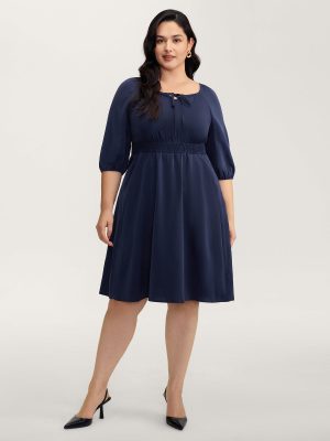 BloomChic Neck Tie Lantern Sleeve Shirred Midi Dress