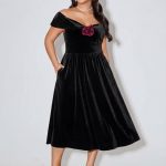 BloomChic Off-Shoulder 3D Floral Detail Midi Dress Black