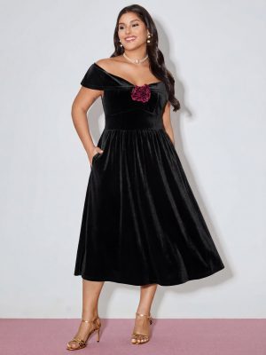 BloomChic Off-Shoulder 3D Floral Detail Midi Dress Black