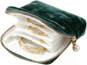 Blue velvet travel jewelry case organizer with zipper pocket for bracelets rings earrings necklaces and watches