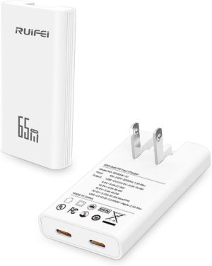 RUIFEI 65W dual USB-C flat wall charger with foldable plug