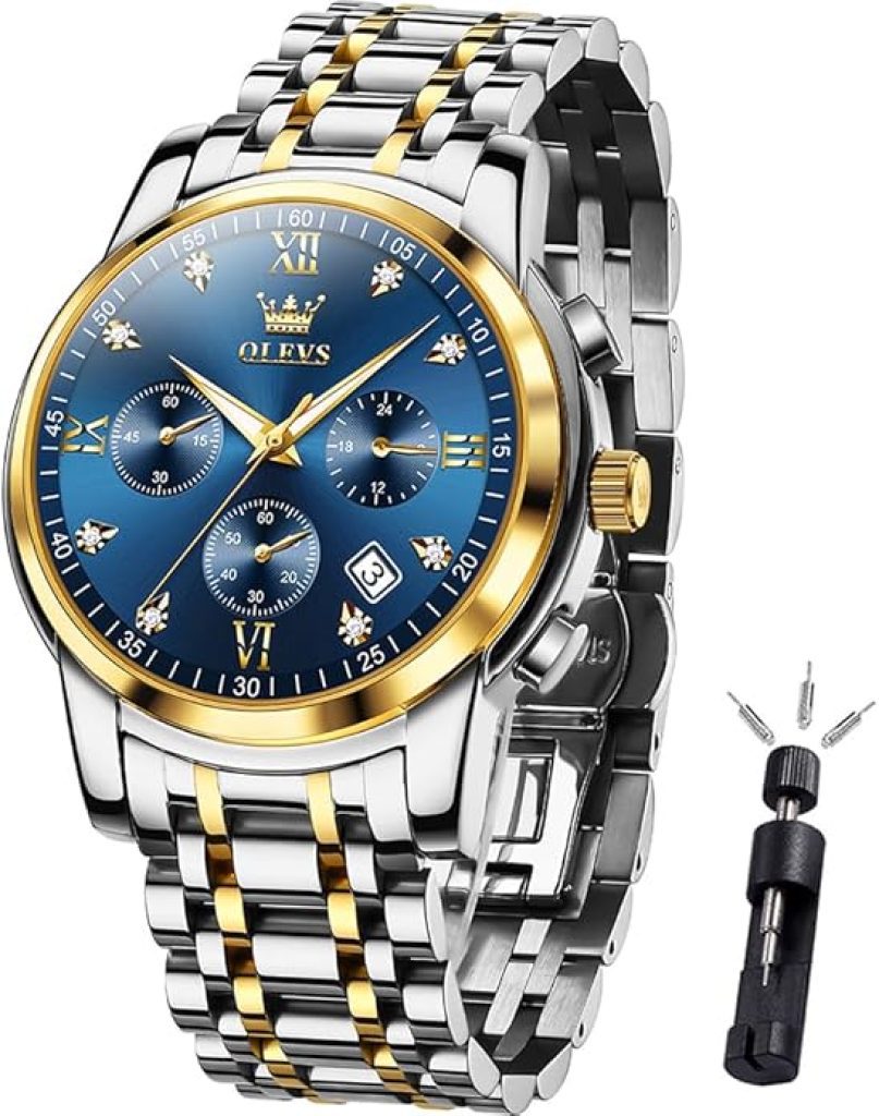 OLEVS men’s two-tone stainless steel blue dial chronograph-style watch with metal bracelet