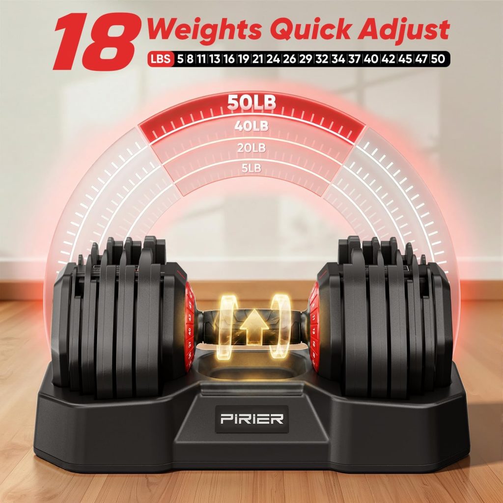 PIRIER 18-in-1 adjustable dumbbell with 5 to 50 lb weight settings for home gym strength training