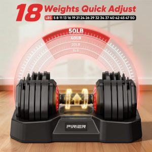PIRIER 18-in-1 adjustable dumbbell with 5 to 50 lb weight settings for home gym strength training