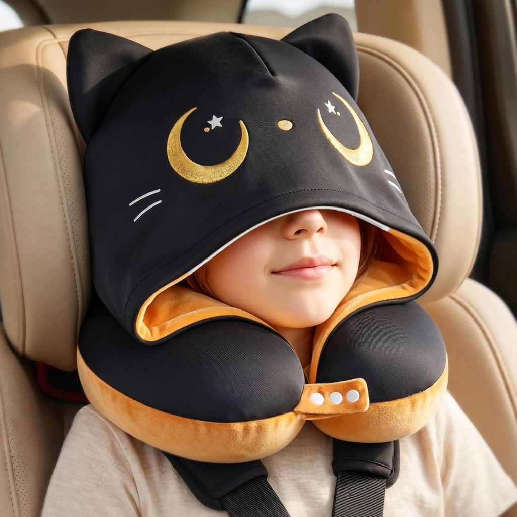 Kids hooded cat memory foam travel neck pillow with reversible black and brown cat design