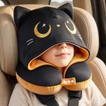 Kids hooded cat memory foam travel neck pillow with reversible black and brown cat design