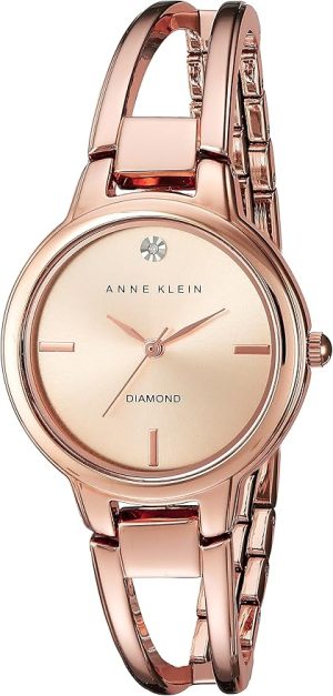 Anne Klein rose gold-tone diamond-accented bangle watch with round dial and jewelry clasp