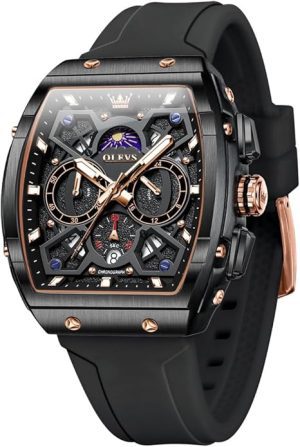 OLEVS men’s skeleton-style chronograph watch with silicone strap and large tonneau case