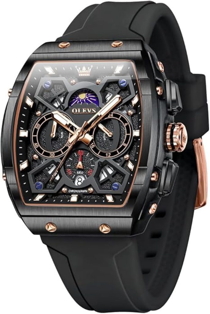 OLEVS men’s skeleton-style chronograph watch with silicone strap and large tonneau case
