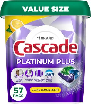 Cascade Platinum Plus Dishwasher Pods 57 Count container for kitchen dishwasher cleaning