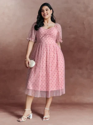 BloomChic Sheer Romantic Flocking Back-Tie Midi Dress Denim Pink