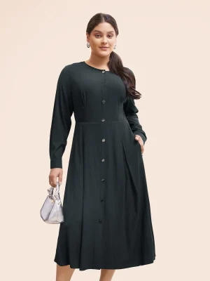 Stretch Woven Button Pleated Midi Dress Black