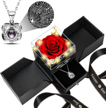 Lebana Preserved Red Real Rose with Heart I Love You Necklace