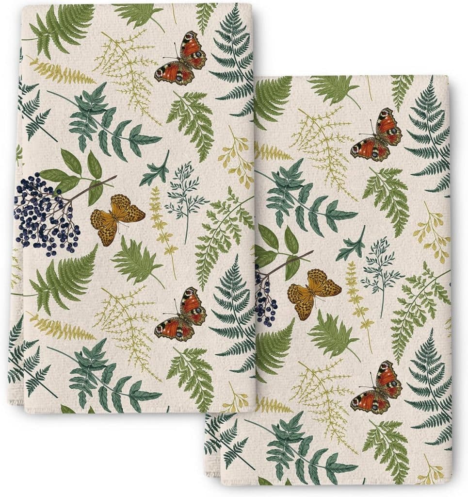 Pintukee Cute Botanic Butterfly Kitchen Towels Set of 2